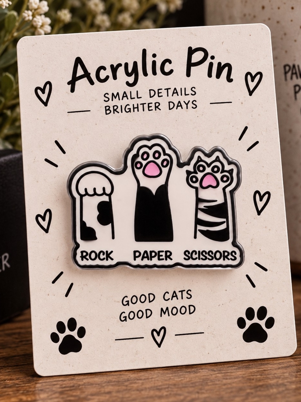 Acrylic Cat Paw Rock Paper Scissors Pin - White & Pink